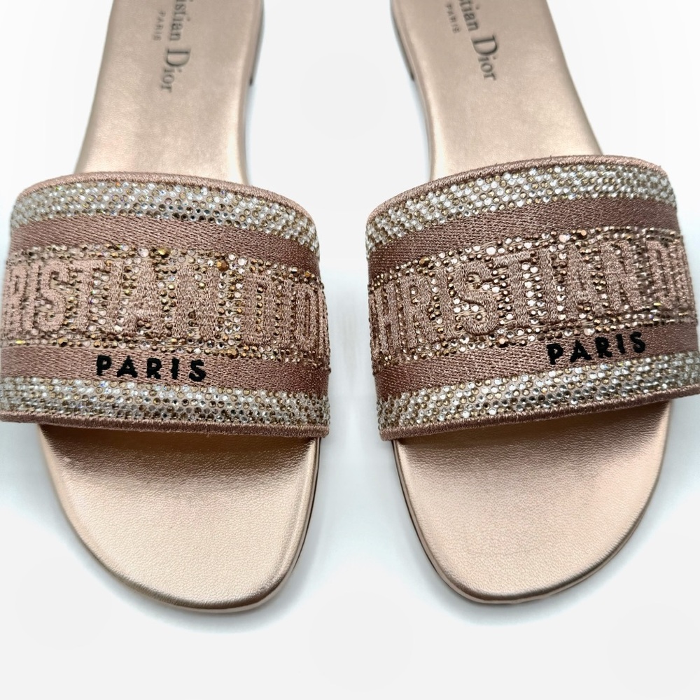 NEW Christian Dior Pink Beige Crystal Strass Dway Logo Canvas Flats Sandal Shoes - Picture 2 of 11
